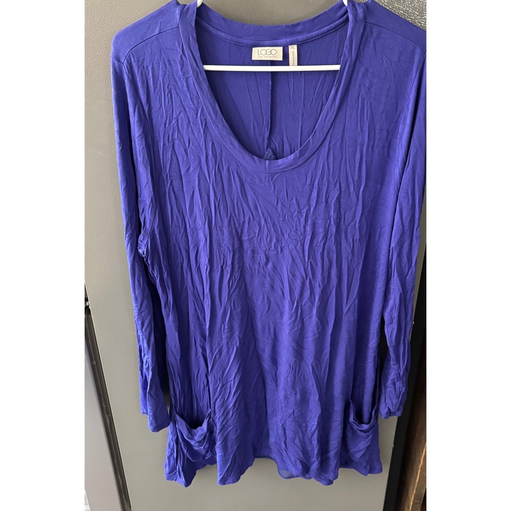LOGO Lori Goldstein Purple Long Sleeve Tunic Top Split Back Pockets XL